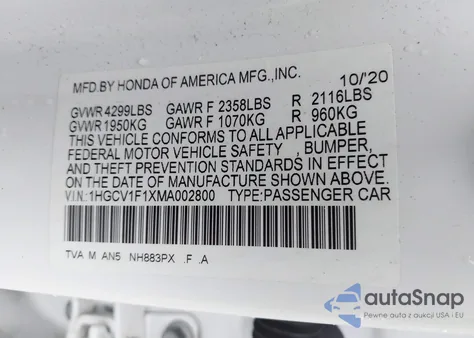 2021 Honda Accord Lx из США, поврежденный, VIN 1HGCV1F1XMA002800